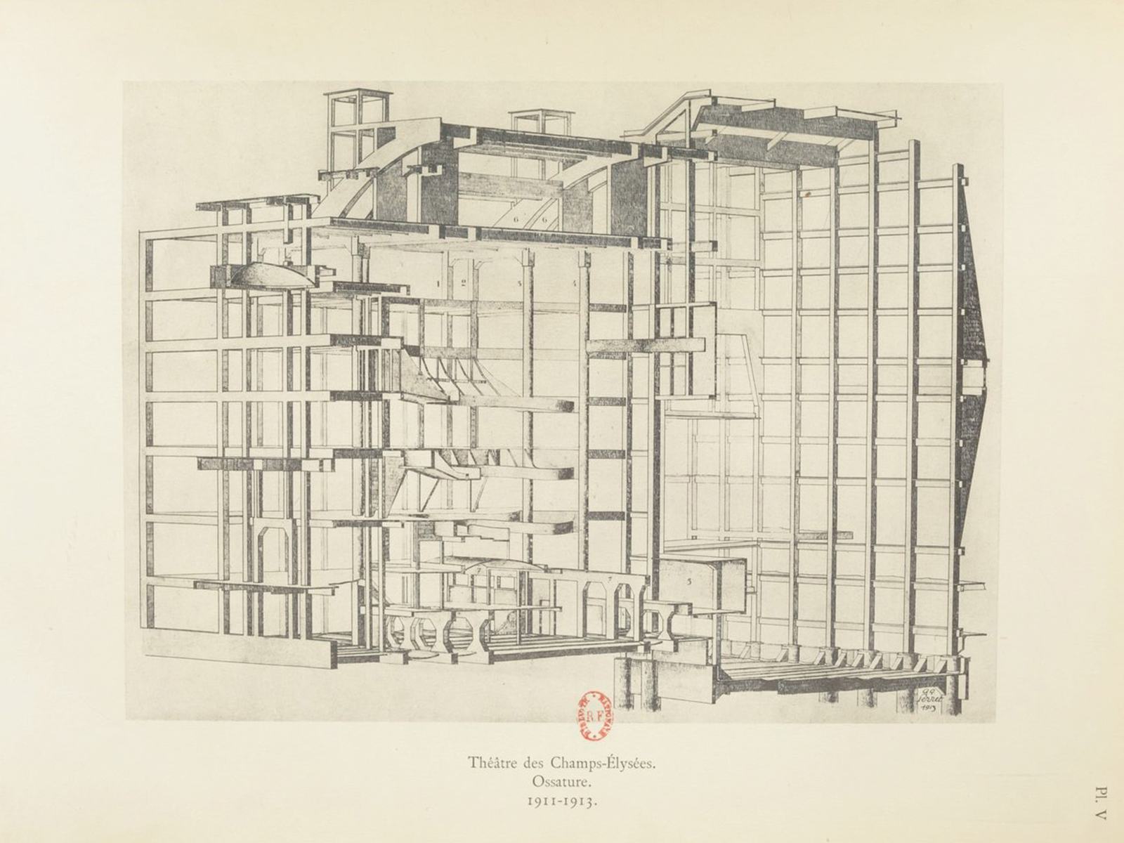 Auguste et Gustave Perret, Théâtre des Champs-Élysées, axonométrie éclatée de l’ossature en béton armé, 1913.