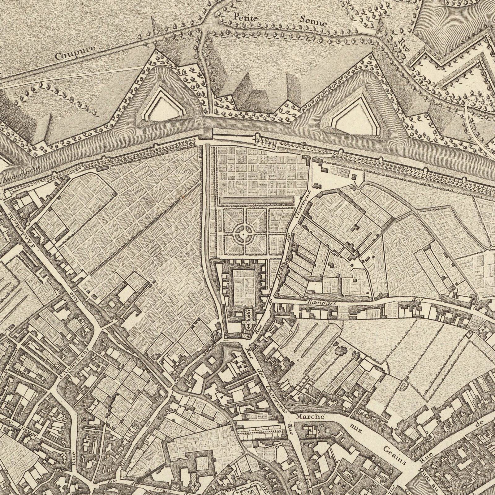 Louis-André Dupuis « d’après Josef Johan Ferraris », No. 21. Plan topographique de la ville de Bruxelles et de ses environs, 1777.