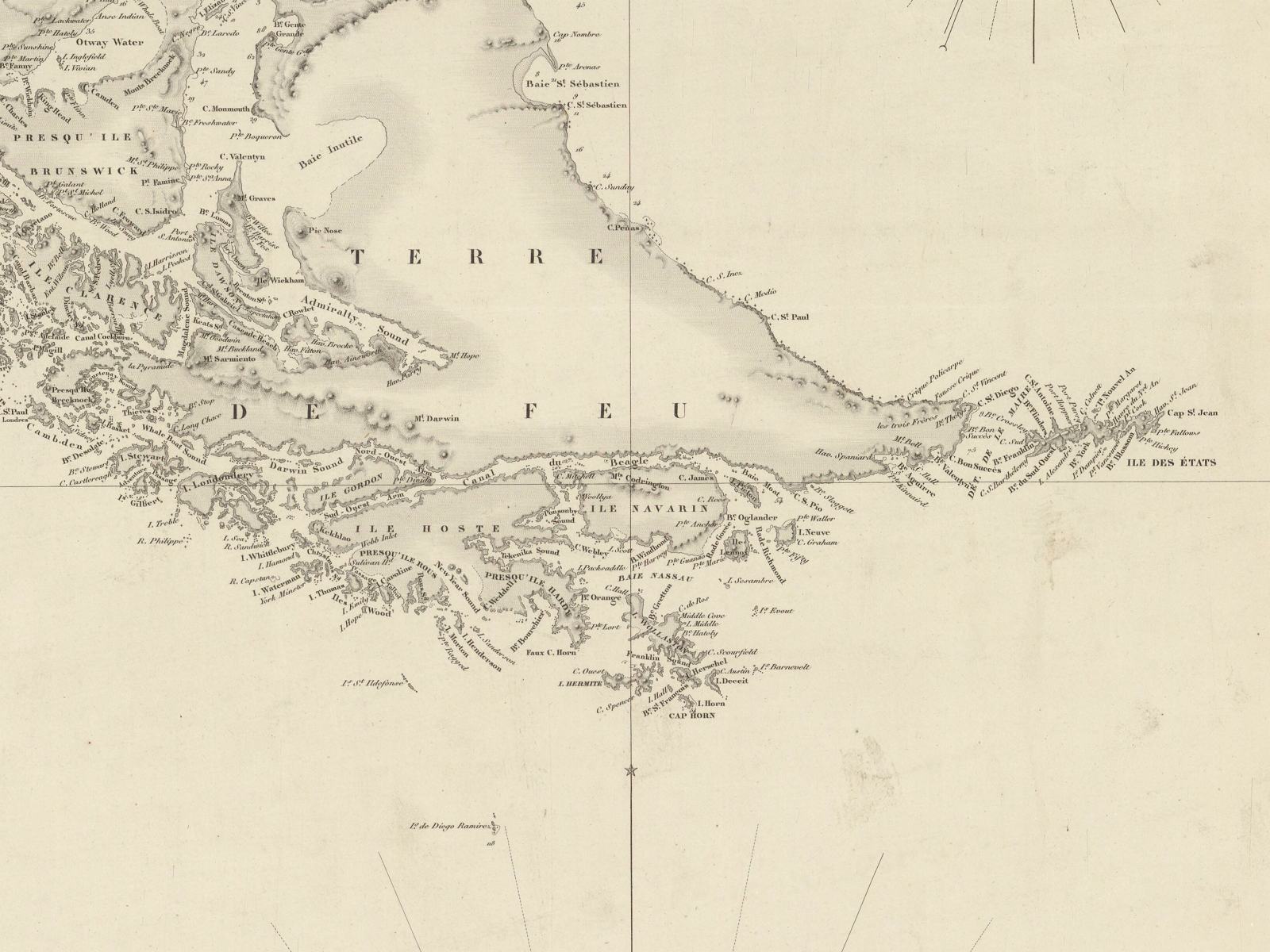 Aimé Robiquet, Carte des côtes de la Patagonie et des Mers du Cap Horn / dressée d’après les Travaux du Capitaine R. Fitz Roy, 1853.
